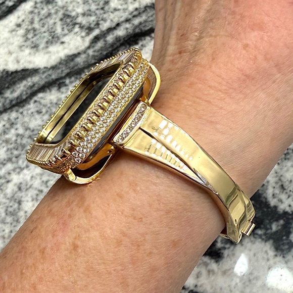 2 pc Apple Watch set yellow gold lab diamond case and crystal band classy bling - Picture 7 of 11